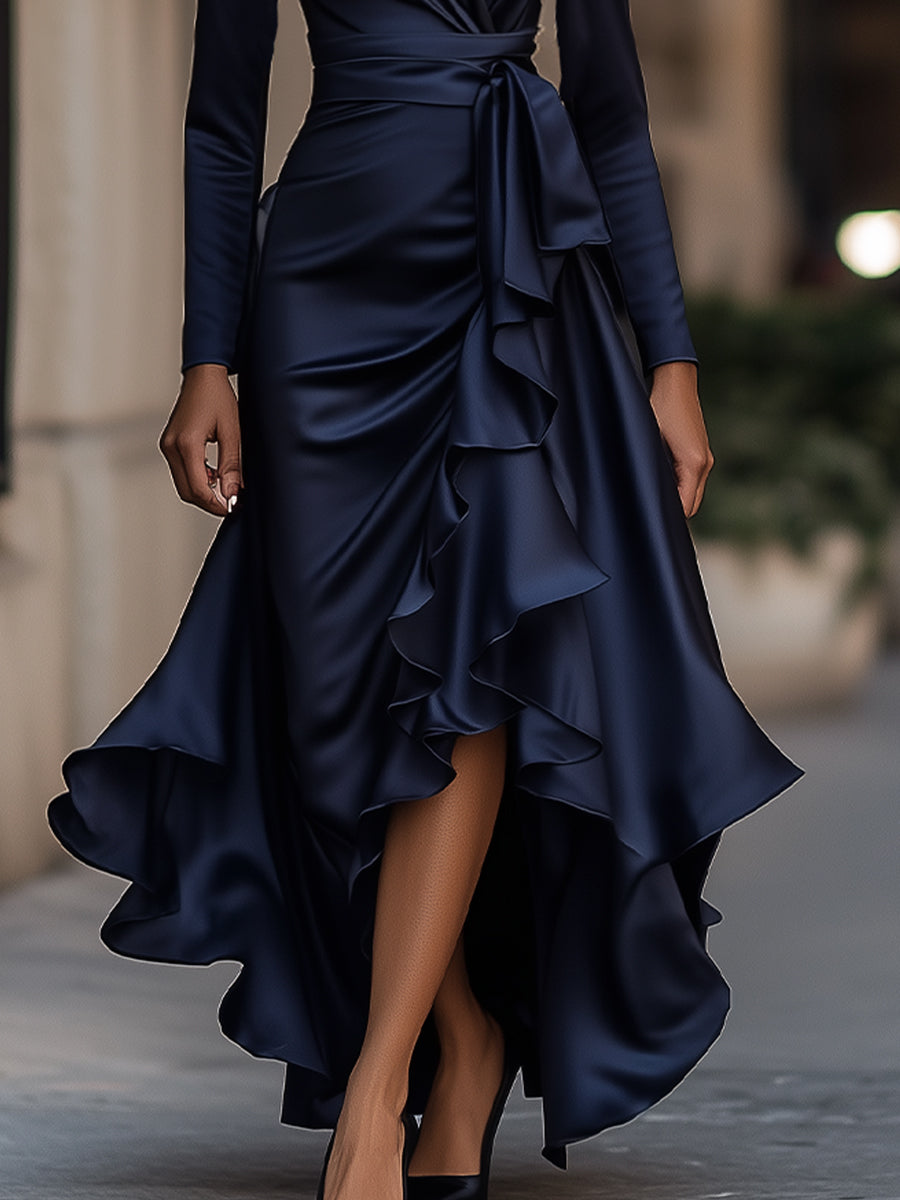 Palma | Draped Satin Maxi Dress With Ruffle Details
