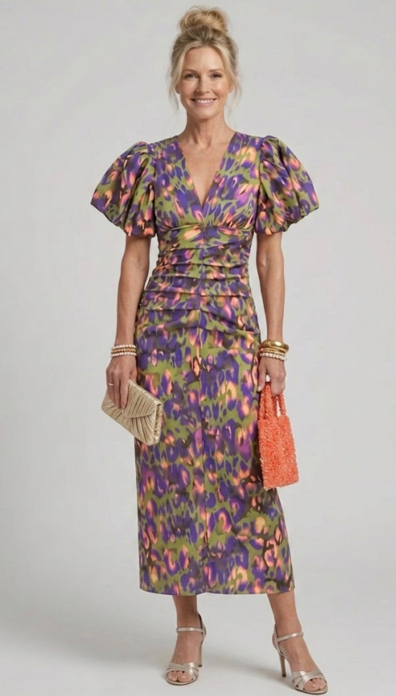 Loren | Vibrant Midi Dress with Puff Sleeves