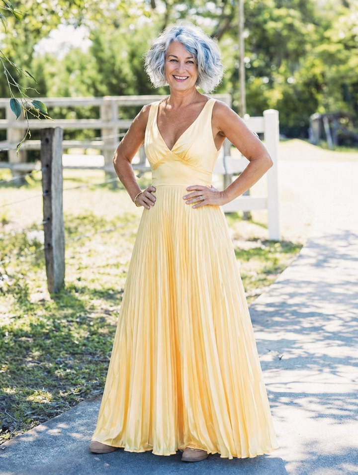 Malka | Pleated V-Neck Maxi Dress