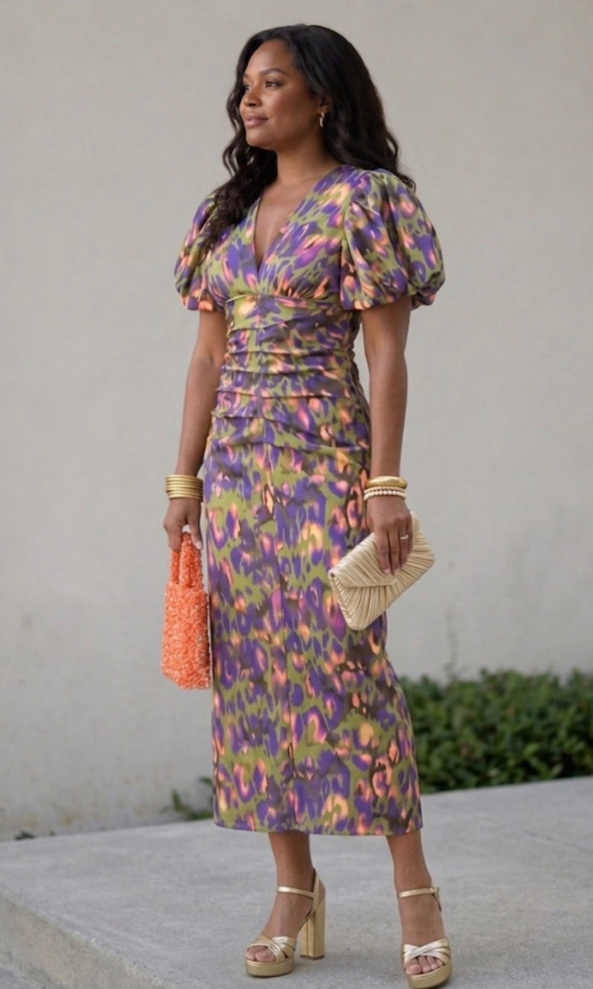 Loren | Vibrant Midi Dress with Puff Sleeves
