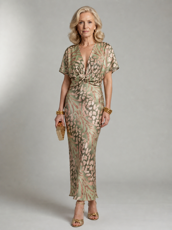 Grace™  | Abstract Print V Neck Twist Waist Midi Dress