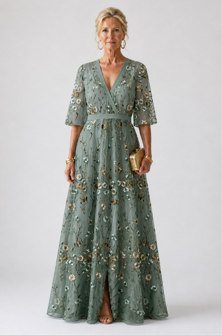 Evadne | Embroidered V Neck Maxi Dress
