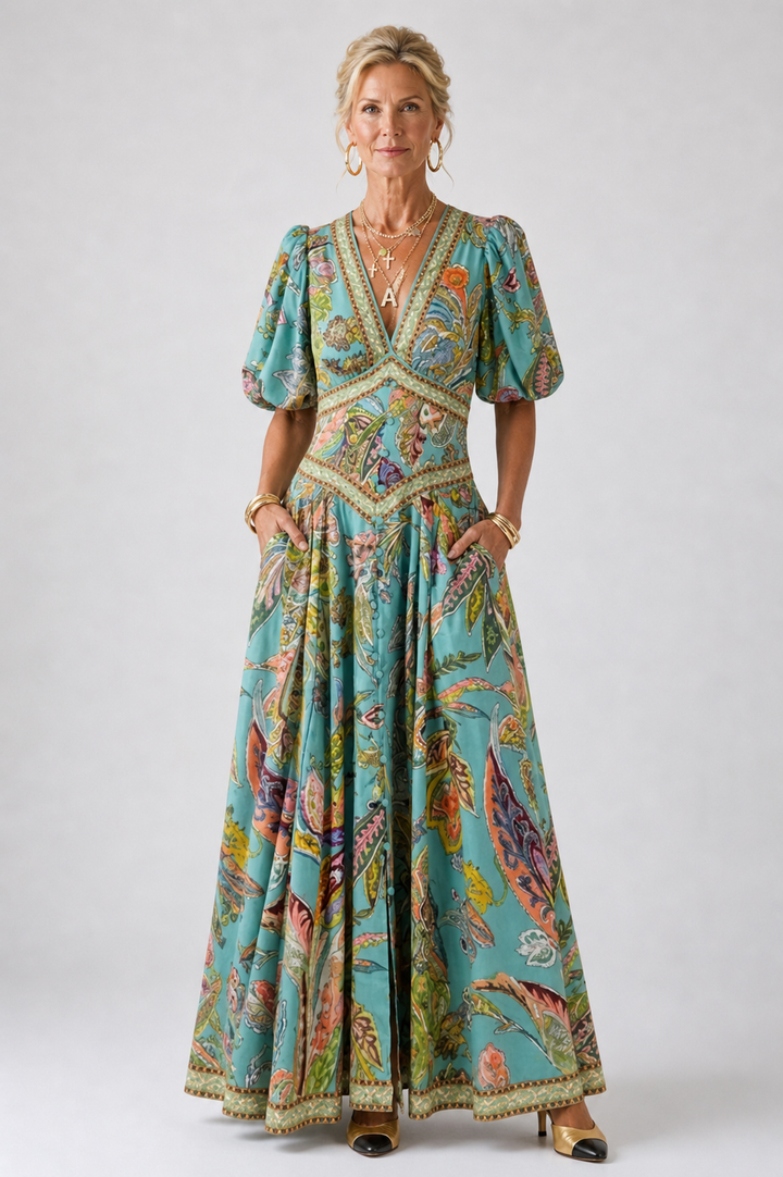 Amelia Quinn | Airy Maxi Dress with Puff Sleeves and V-Neck