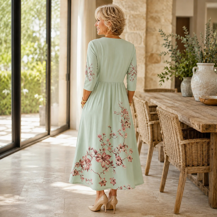 Sage Blossom Grace Pocket Midi Dress