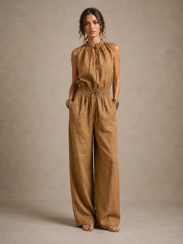 Zenaide | Camel-colored jumpsuit with high tied neckline