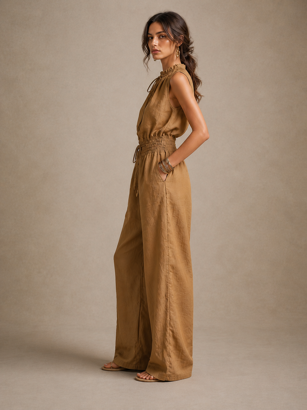 Zenaide | Camel-colored jumpsuit with high tied neckline