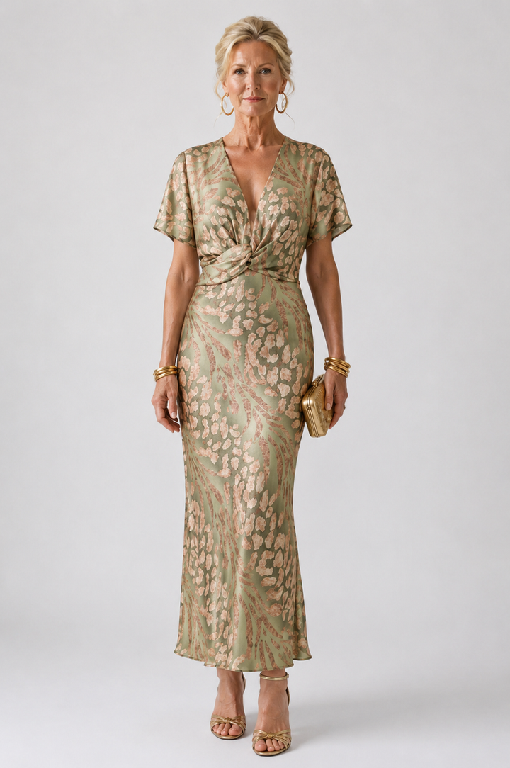 Grace™  | Abstract Print V Neck Twist Waist Midi Dress