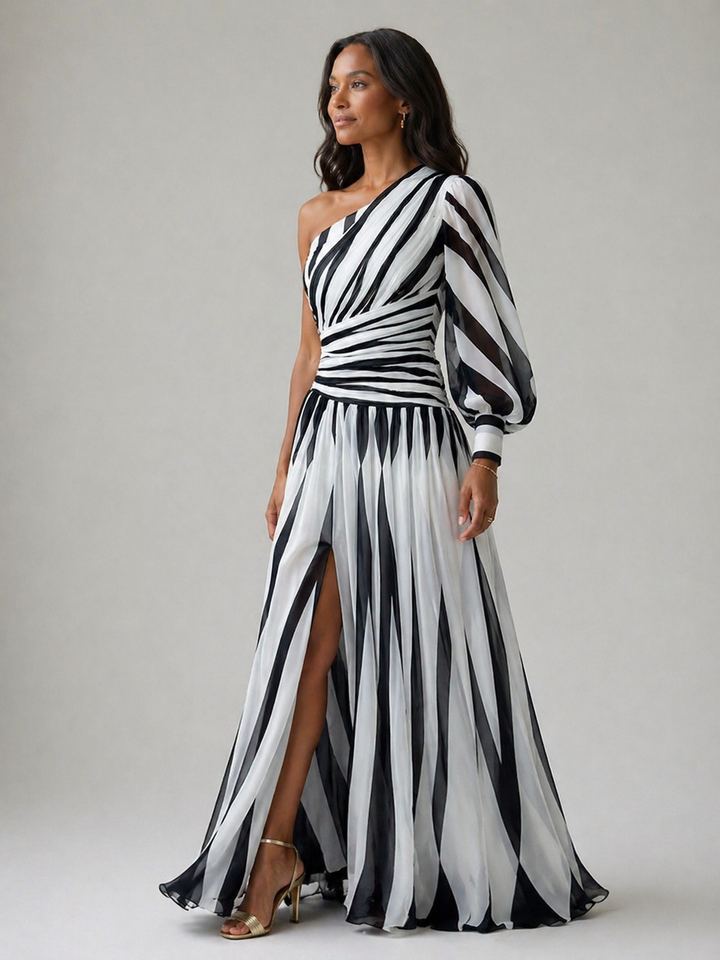 Shiloh | Elegant Striped Maxi Dress with One Shoulder