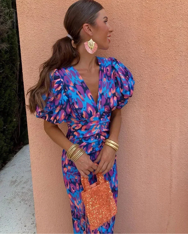 Loren | Vibrant Midi Dress with Puff Sleeves