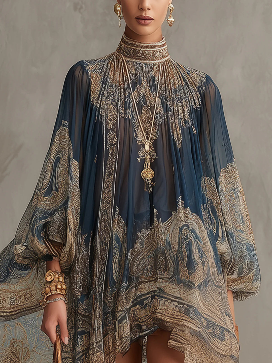 Bérénice | Asymmetrical Mini Chiffon Dress in Navy Blue with Baroque Print and High Collar