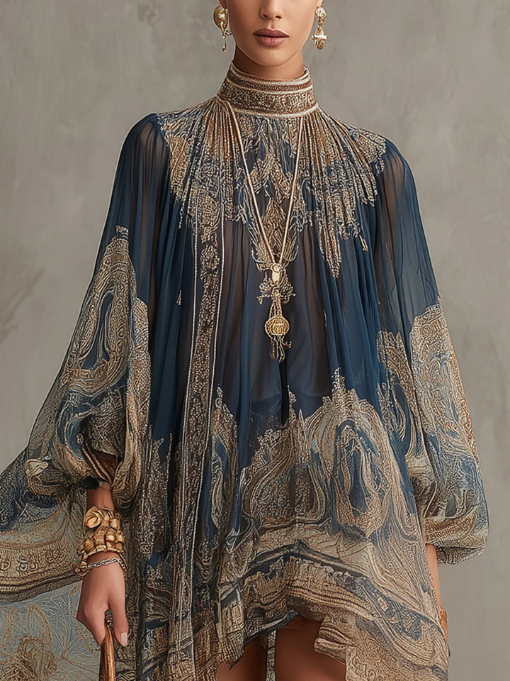 Bérénice | Asymmetrical Mini Chiffon Dress in Navy Blue with Baroque Print and High Collar
