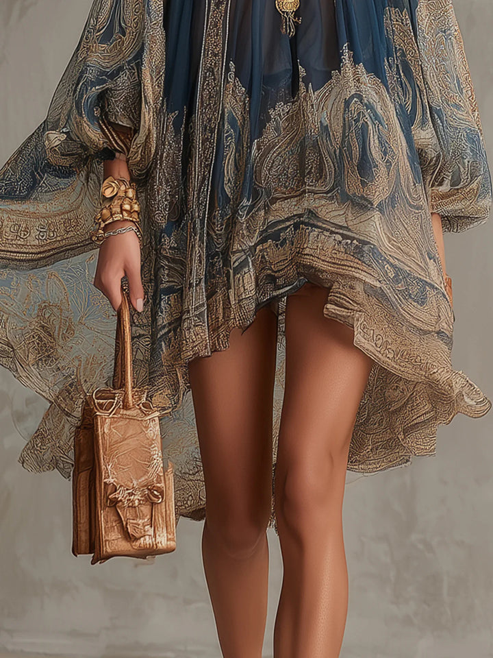 Bérénice | Asymmetrical Mini Chiffon Dress in Navy Blue with Baroque Print and High Collar