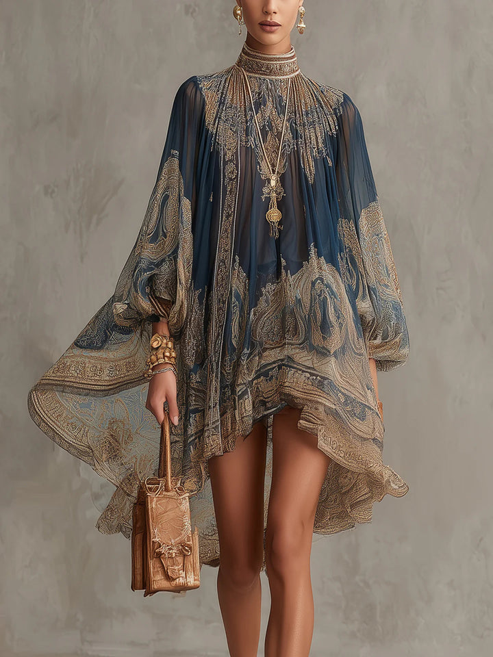 Bérénice | Asymmetrical Mini Chiffon Dress in Navy Blue with Baroque Print and High Collar
