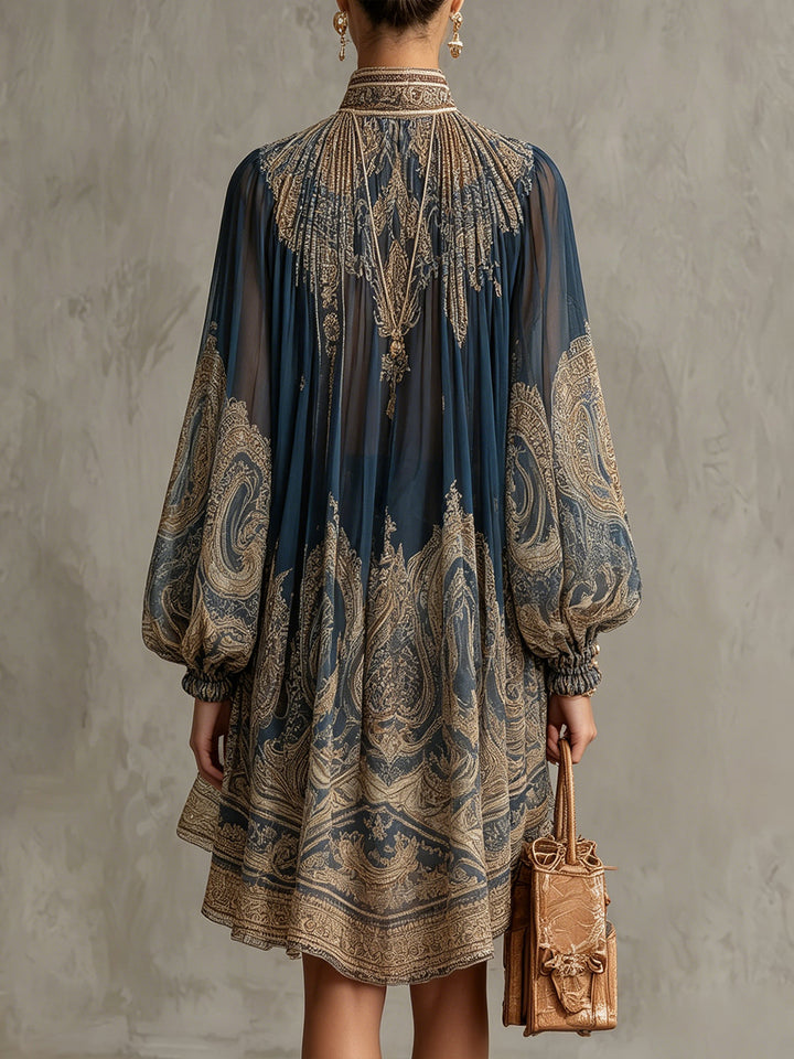 Bérénice | Asymmetrical Mini Chiffon Dress in Navy Blue with Baroque Print and High Collar