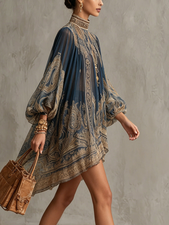 Bérénice | Asymmetrical Mini Chiffon Dress in Navy Blue with Baroque Print and High Collar