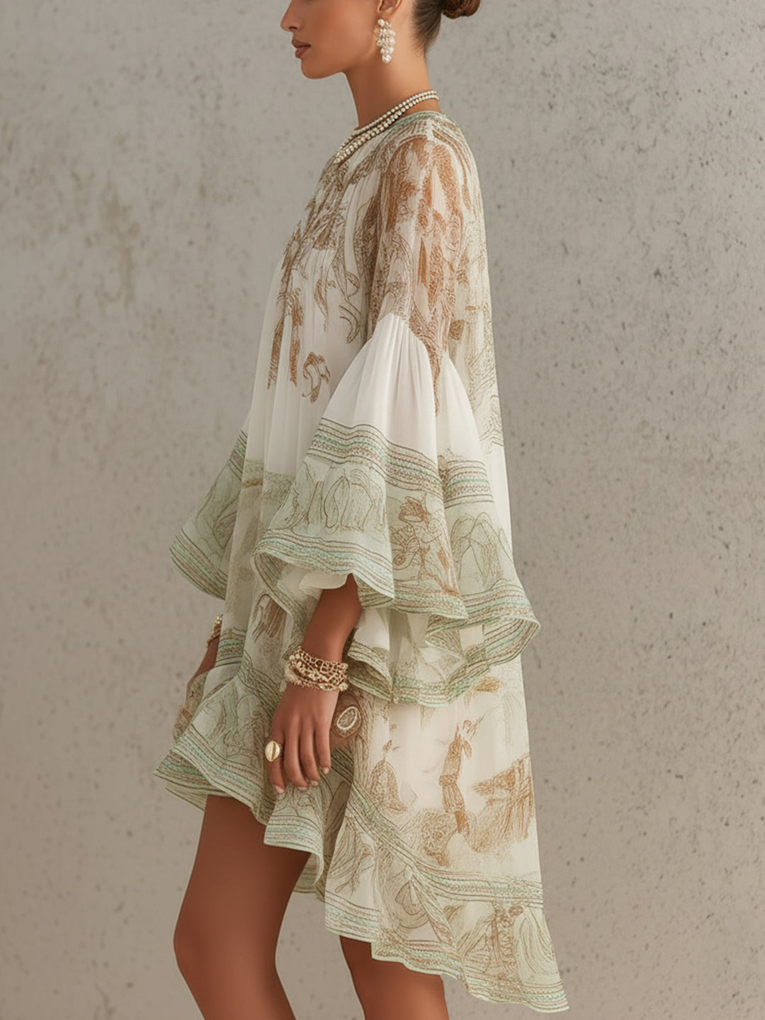 Rosalie | Mini Dress in Chiffon with Ruffled Sleeves and Green Striped Hem