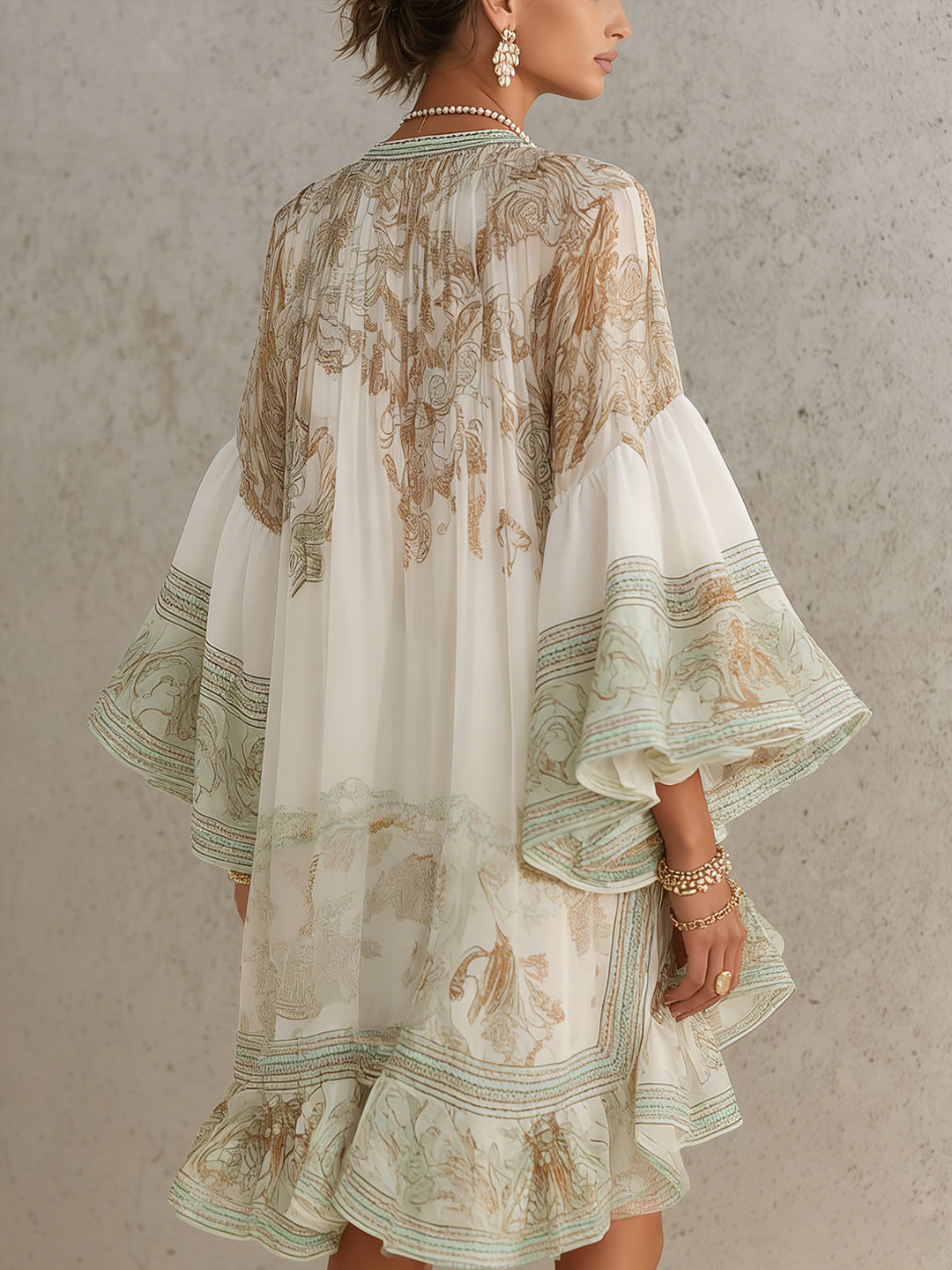 Rosalie | Mini Dress in Chiffon with Ruffled Sleeves and Green Striped Hem