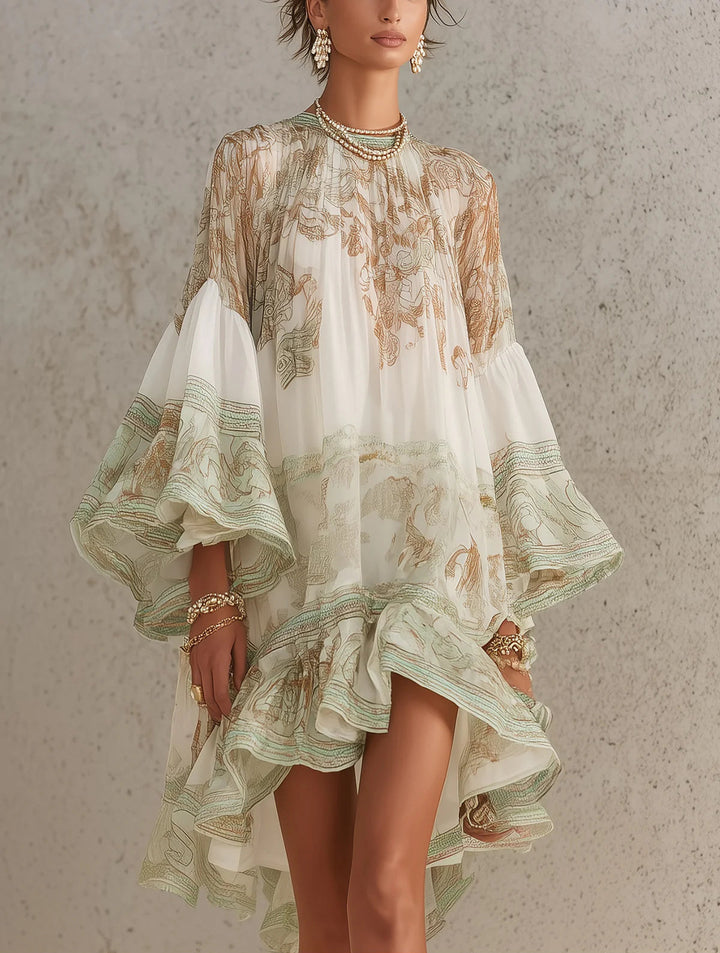 Rosalie | Mini Dress in Chiffon with Ruffled Sleeves and Green Striped Hem