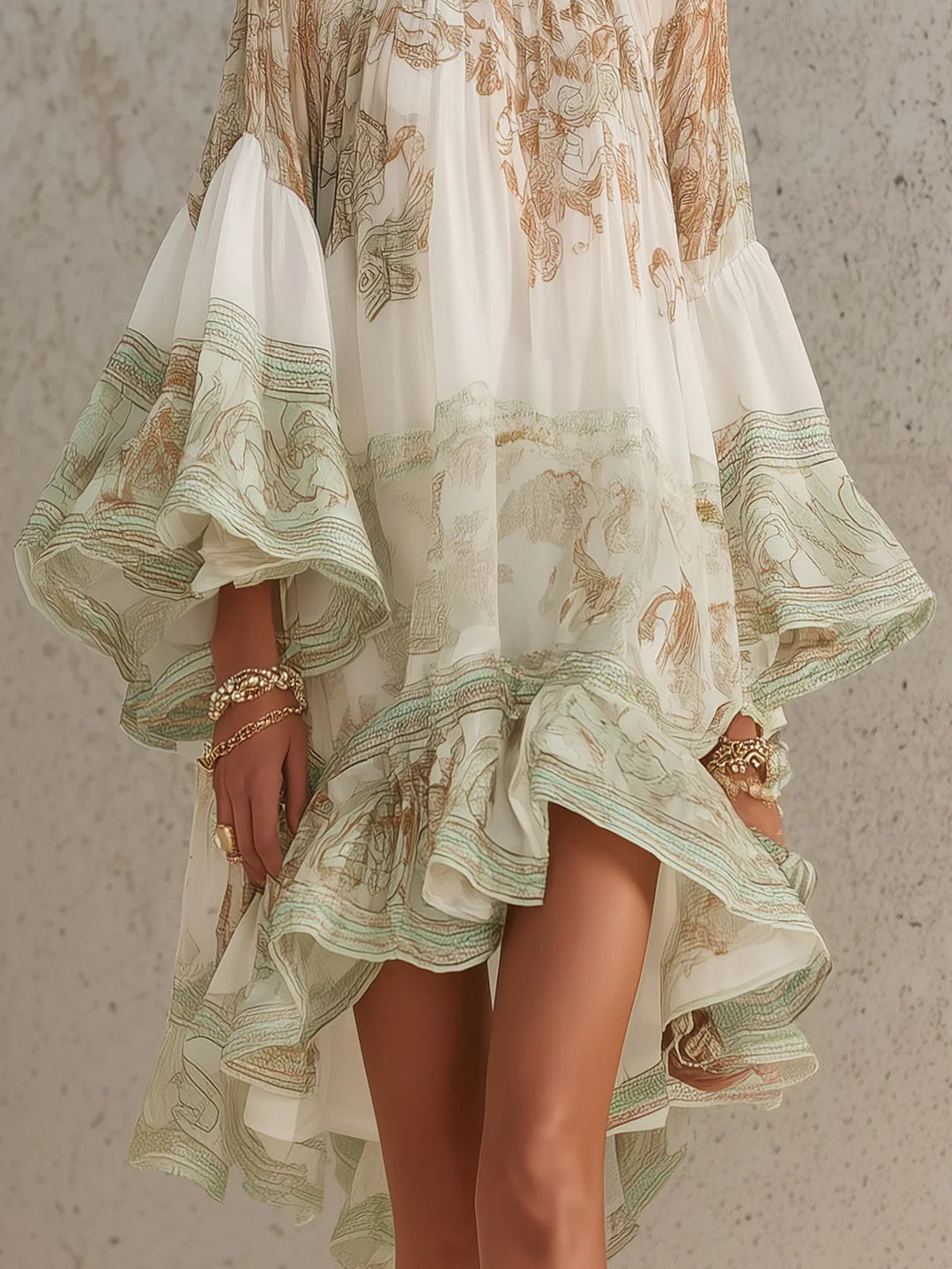 Rosalie | Mini Dress in Chiffon with Ruffled Sleeves and Green Striped Hem