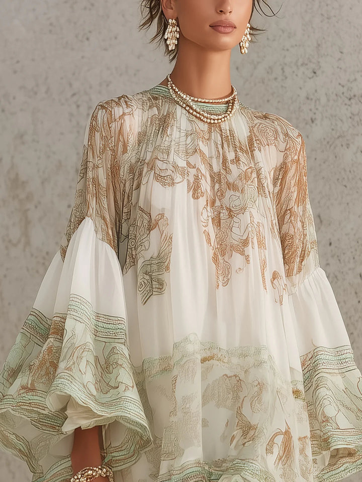 Rosalie | Mini Dress in Chiffon with Ruffled Sleeves and Green Striped Hem