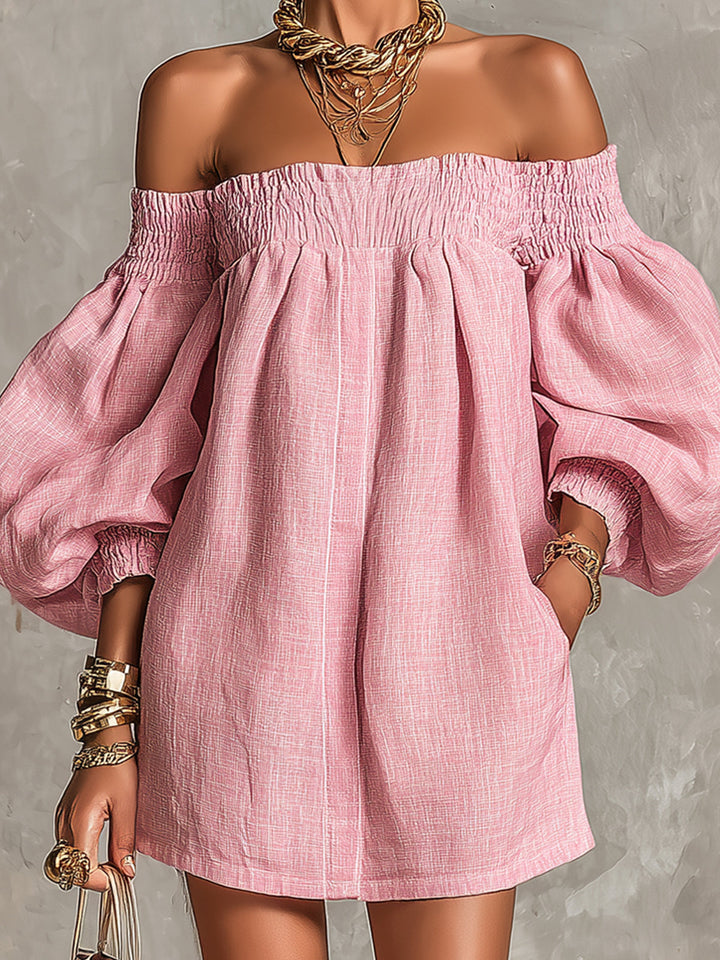 Violette | Pink Mini A-Line Dress with Lantern Sleeves and Off-Shoulder Design
