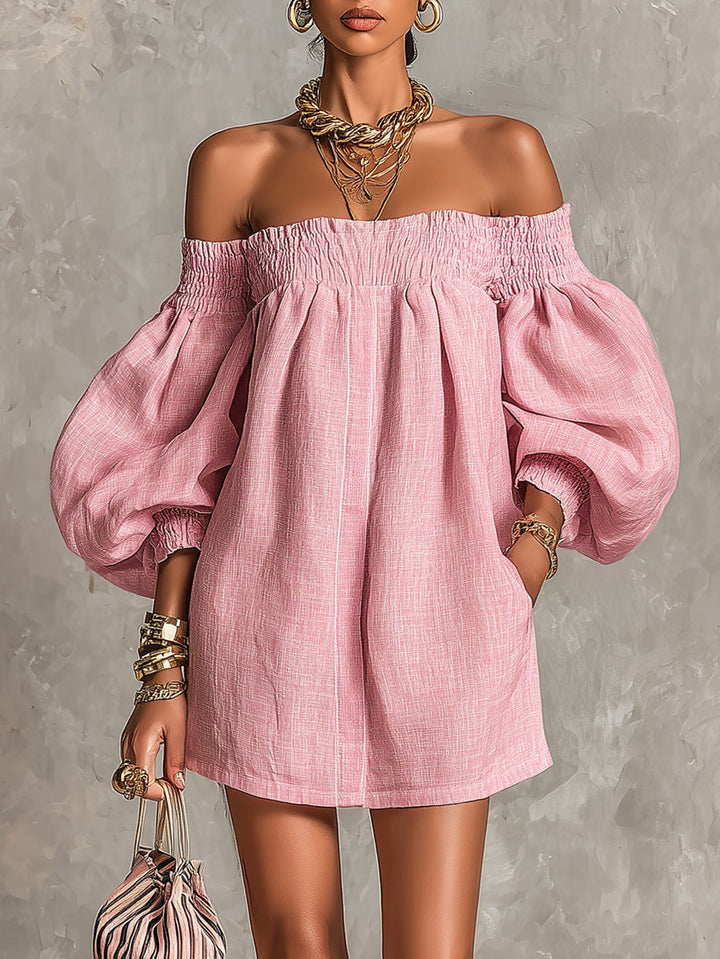 Violette | Pink Mini A-Line Dress with Lantern Sleeves and Off-Shoulder Design