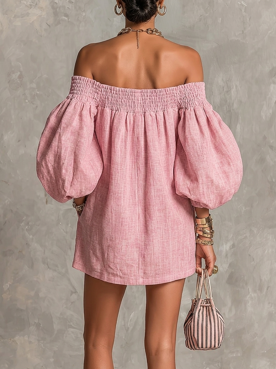 Violette | Pink Mini A-Line Dress with Lantern Sleeves and Off-Shoulder Design