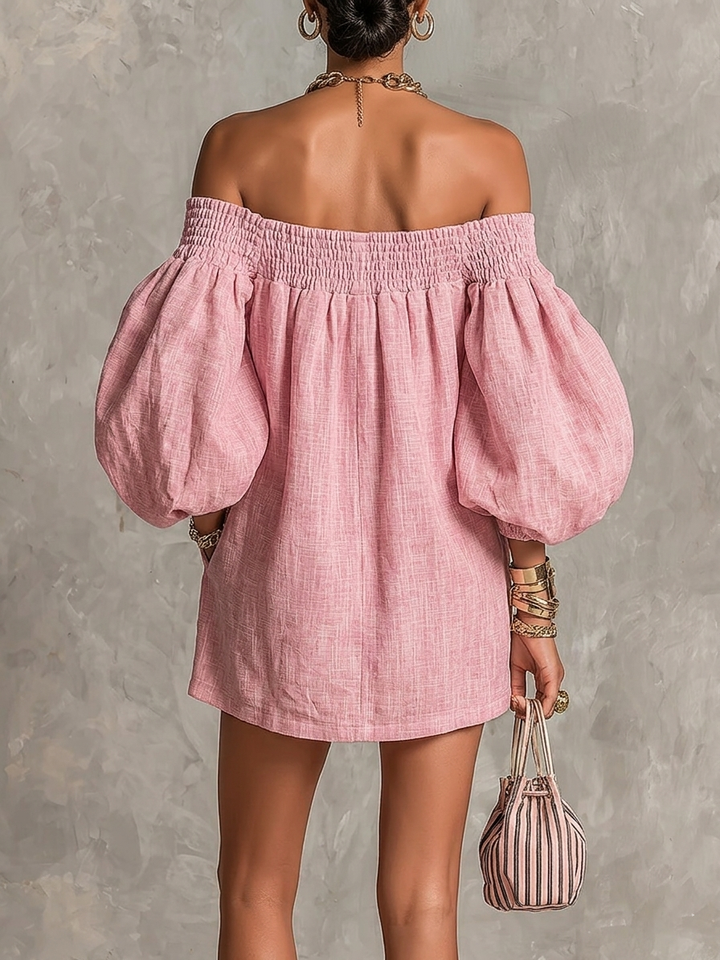 Violette | Pink Mini A-Line Dress with Lantern Sleeves and Off-Shoulder Design