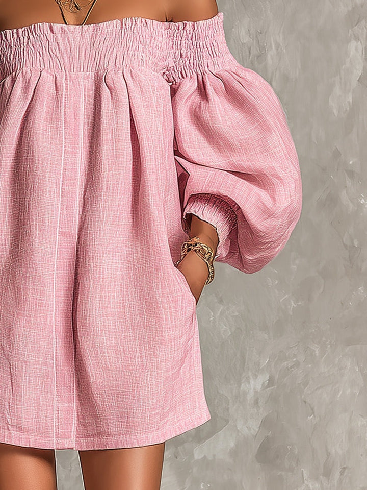 Violette | Pink Mini A-Line Dress with Lantern Sleeves and Off-Shoulder Design