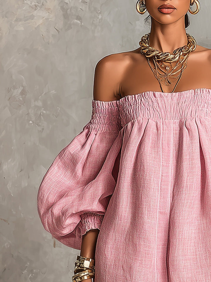 Violette | Pink Mini A-Line Dress with Lantern Sleeves and Off-Shoulder Design