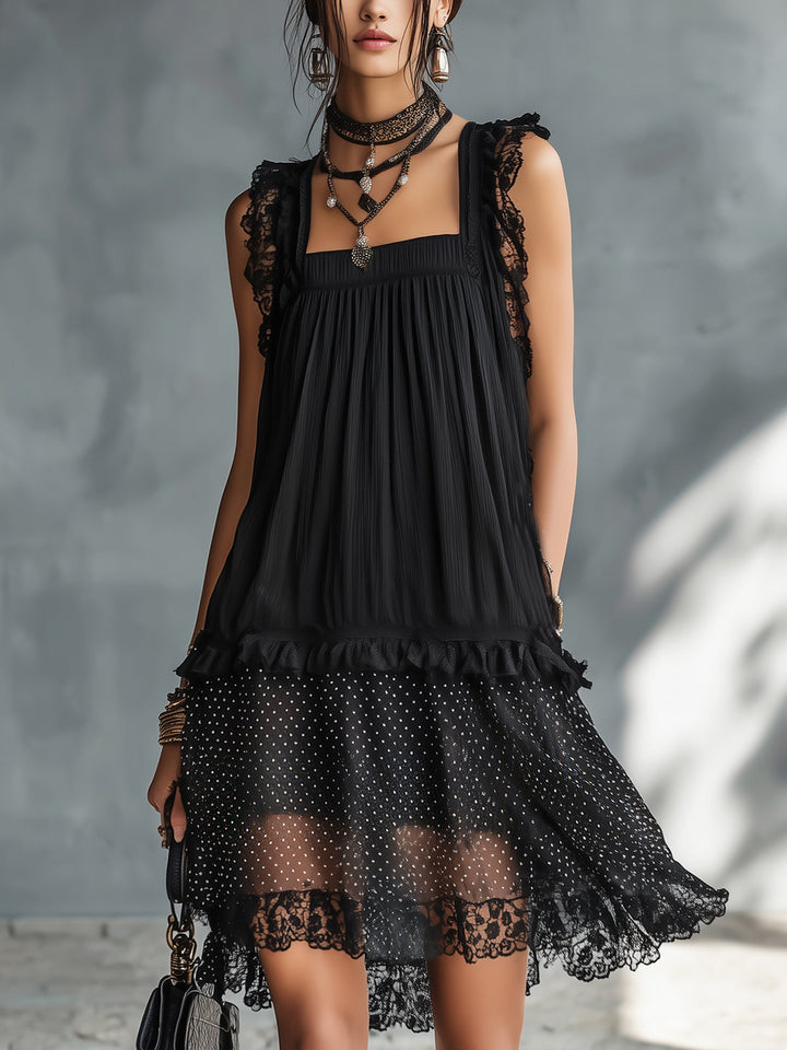 Pauline | Mini Transparent Dress with Dots, Ruffles, and Black Lace Trim