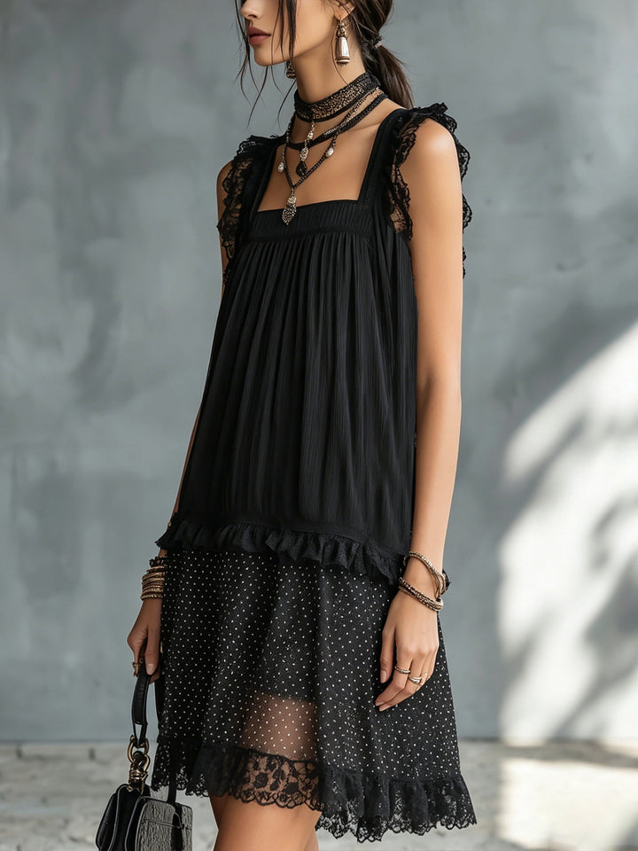 Pauline | Mini Transparent Dress with Dots, Ruffles, and Black Lace Trim