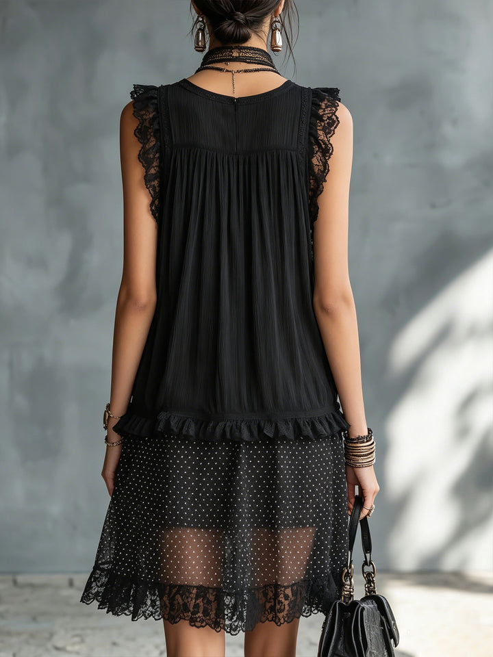 Pauline | Mini Transparent Dress with Dots, Ruffles, and Black Lace Trim