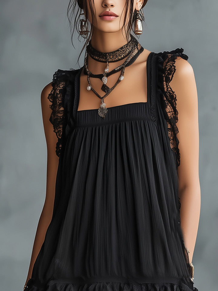 Pauline | Mini Transparent Dress with Dots, Ruffles, and Black Lace Trim