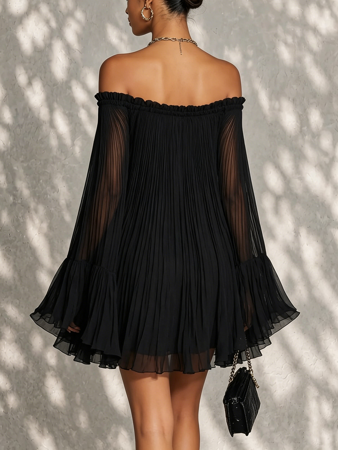 Océane | Black Mini Dress with Bell Sleeves and Ruched Off-Shoulder Design