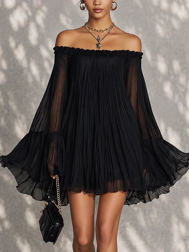 Océane | Black Mini Dress with Bell Sleeves and Ruched Off-Shoulder Design