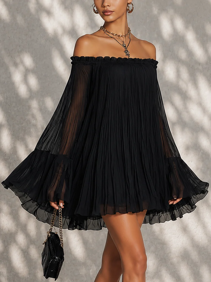 Océane | Black Mini Dress with Bell Sleeves and Ruched Off-Shoulder Design