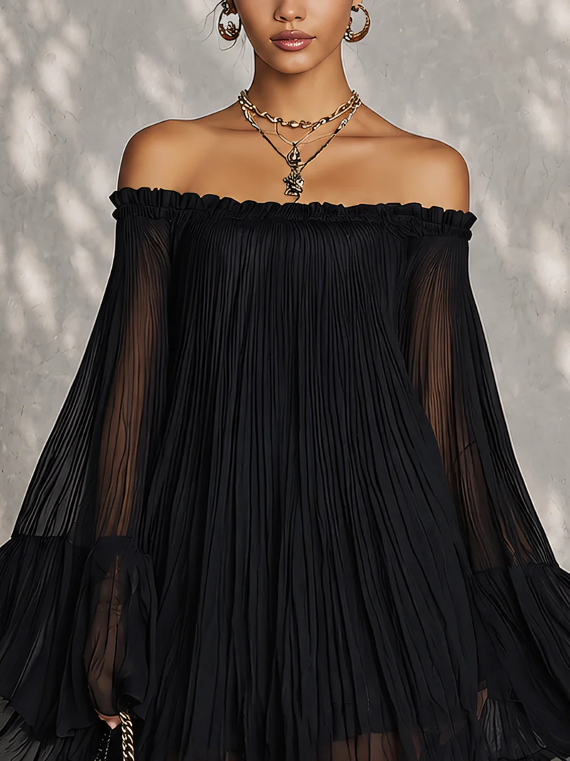 Océane | Black Mini Dress with Bell Sleeves and Ruched Off-Shoulder Design