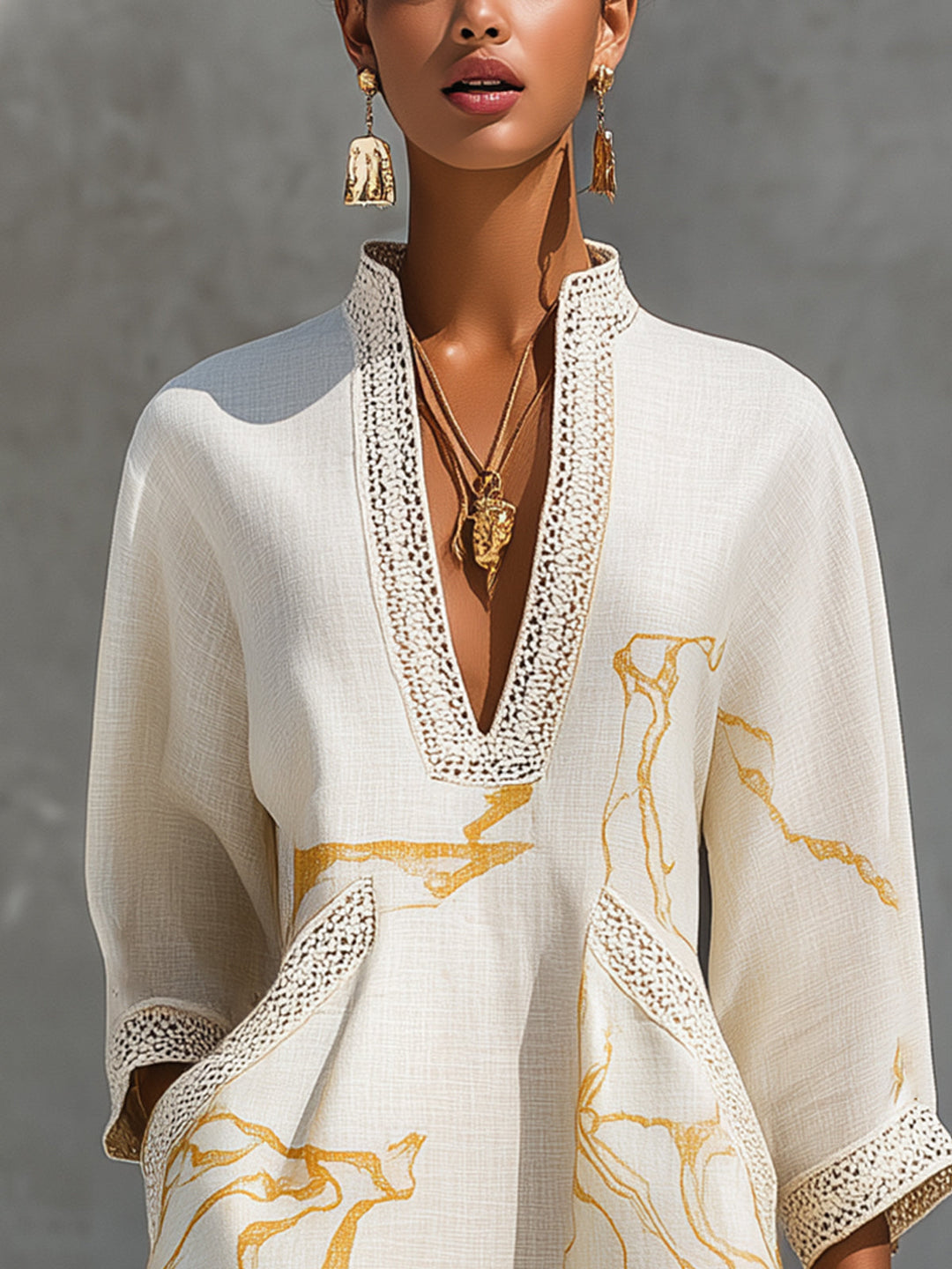 Alienor | Ivory Mini Dress in Crocheted Lace with Golden Patterns and V-Neck