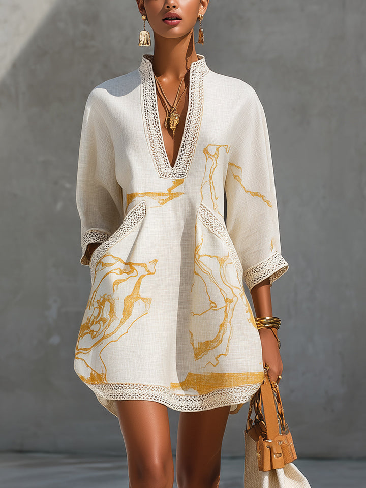 Alienor | Ivory Mini Dress in Crocheted Lace with Golden Patterns and V-Neck