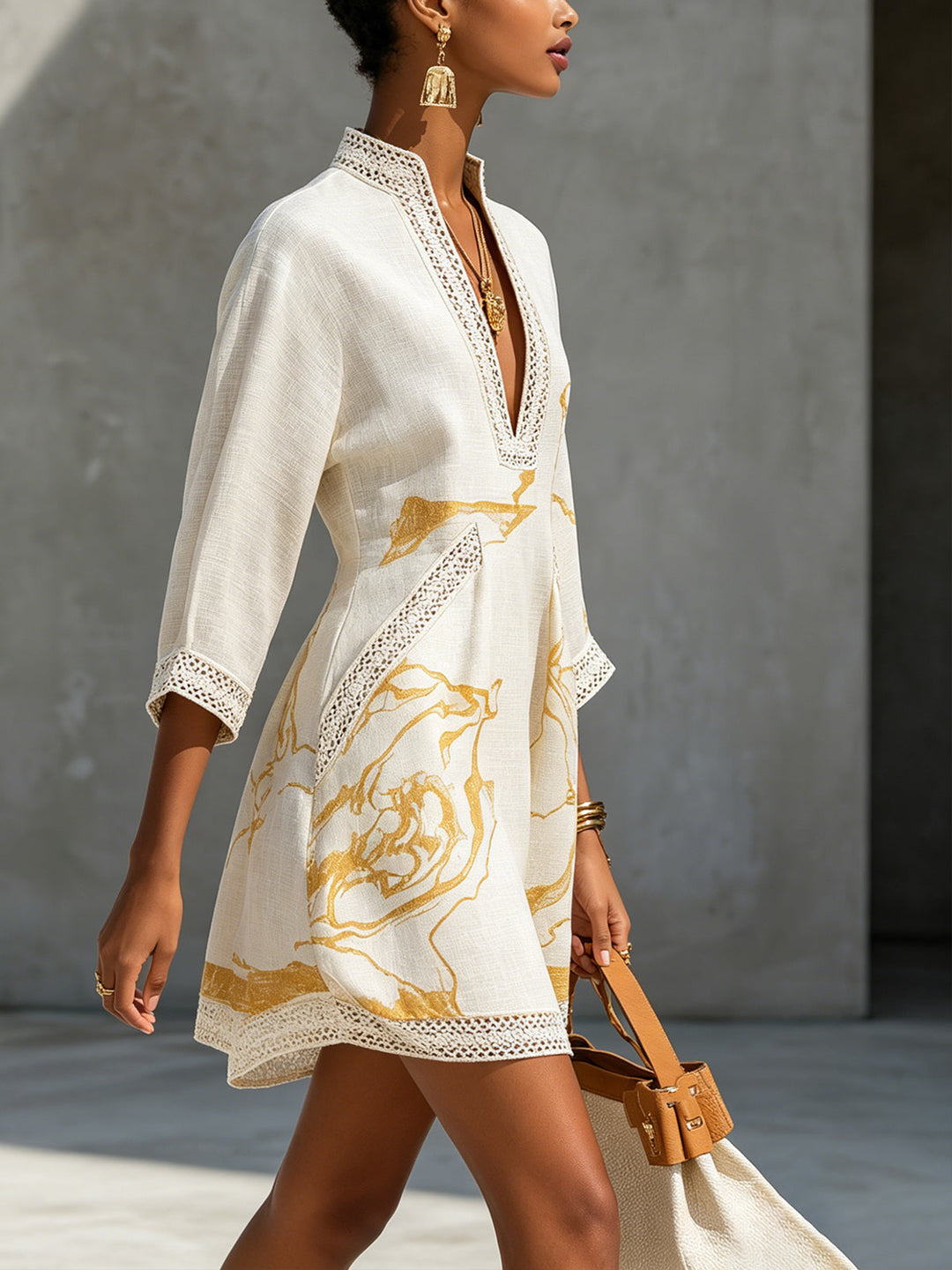 Alienor | Ivory Mini Dress in Crocheted Lace with Golden Patterns and V-Neck