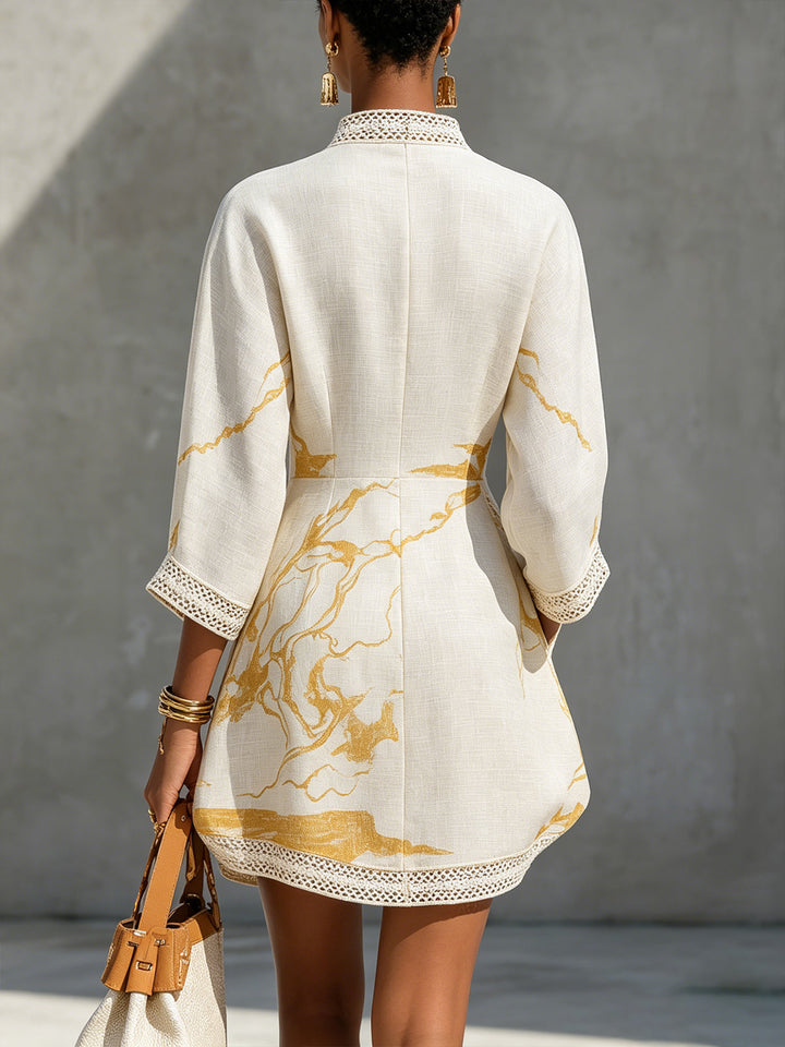 Alienor | Ivory Mini Dress in Crocheted Lace with Golden Patterns and V-Neck