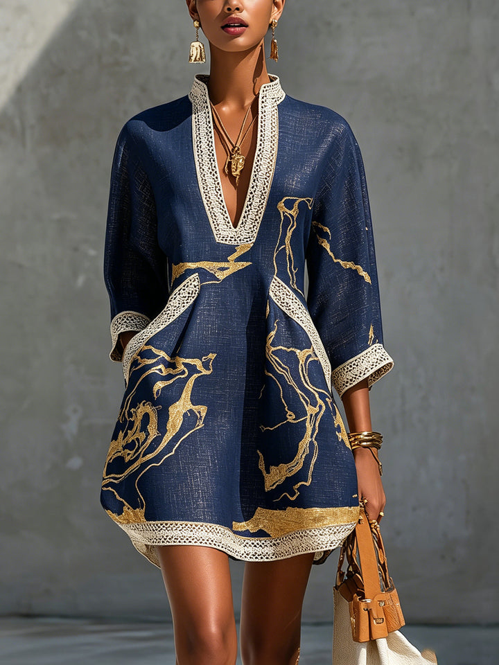 Cosette | Mini Dress in Navy Blue Crocheted Lace with Golden Patterns and V-Neck