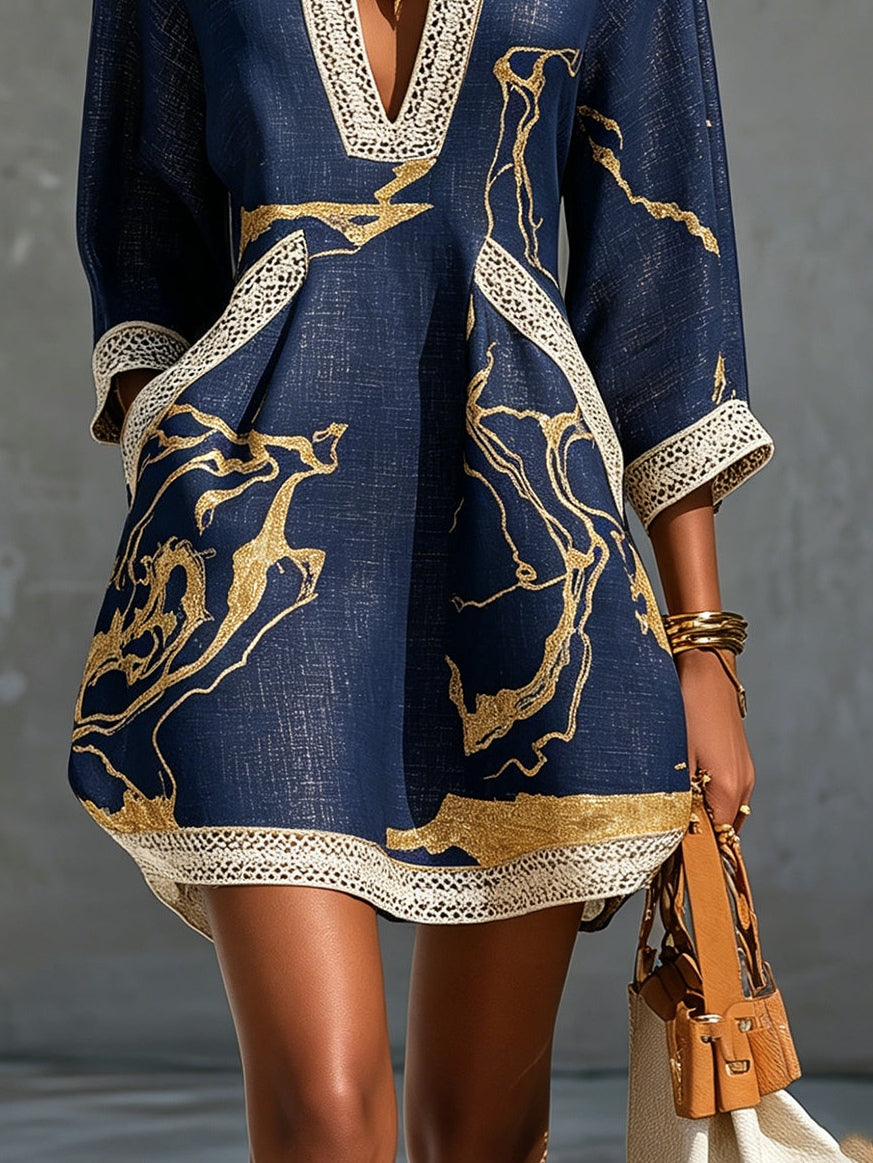 Cosette | Mini Dress in Navy Blue Crocheted Lace with Golden Patterns and V-Neck