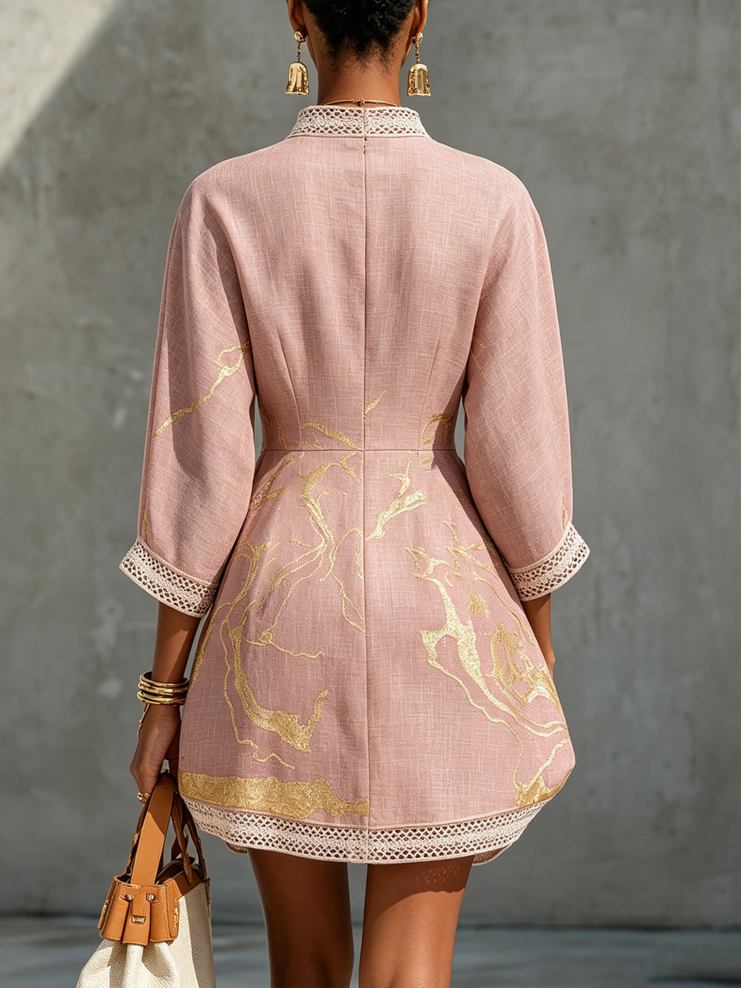 Ninon | Mini Dress in Crocheted Lace with Pink and Gold Patterns and V-Neck