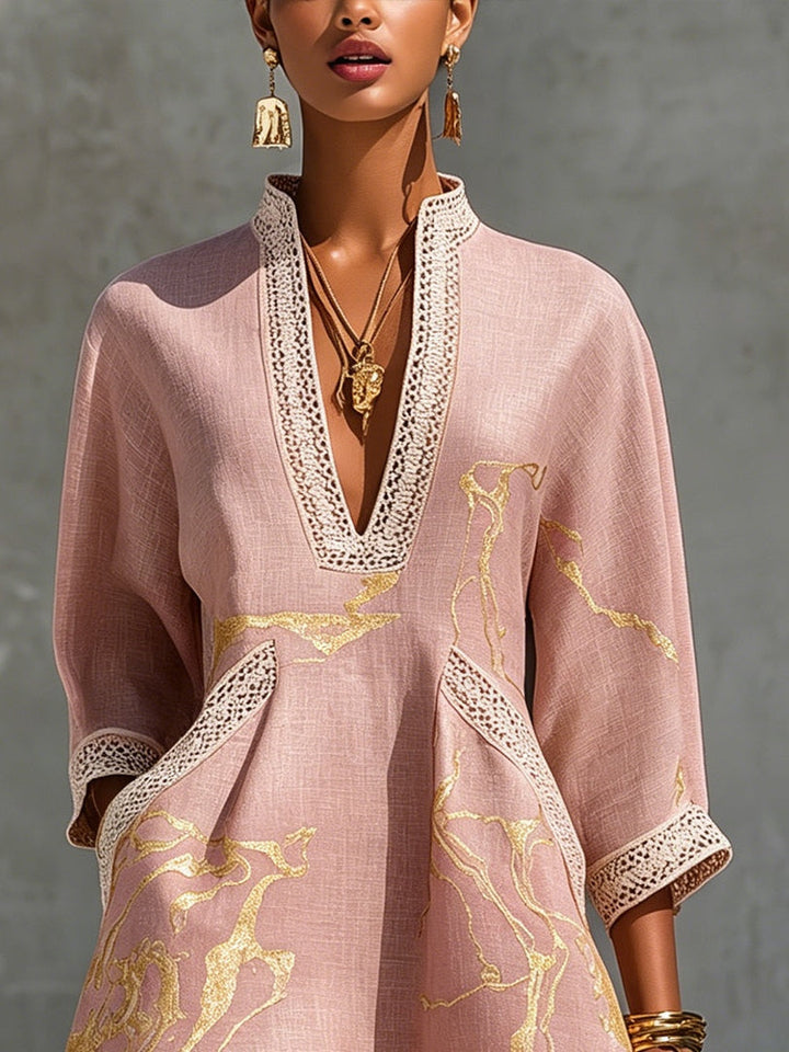 Ninon | Mini Dress in Crocheted Lace with Pink and Gold Patterns and V-Neck