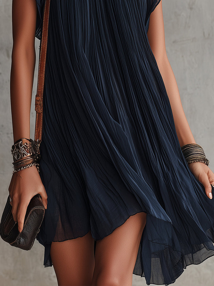 Apolline | Mini Pleated Dress in Embroidered Navy Blue Chiffon