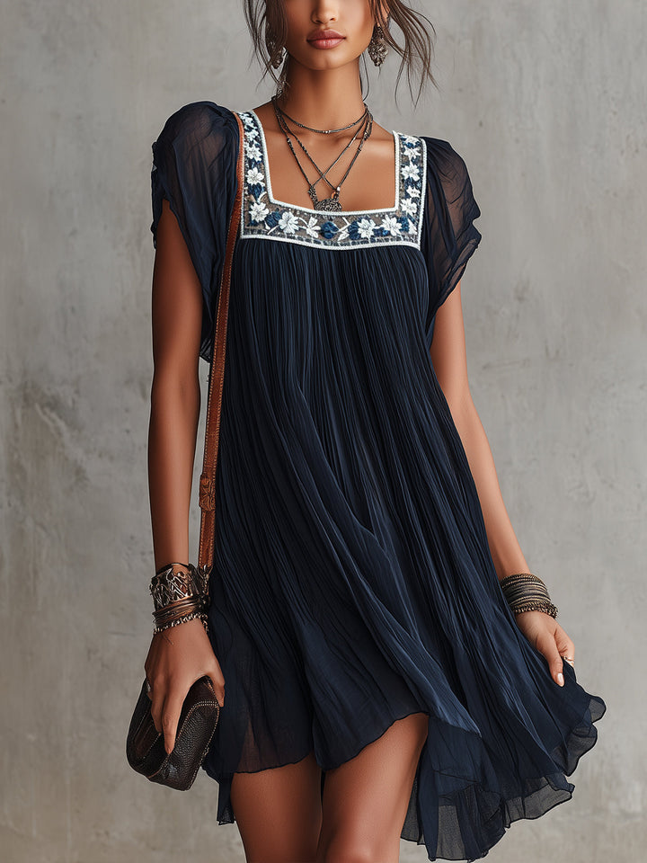 Apolline | Mini Pleated Dress in Embroidered Navy Blue Chiffon