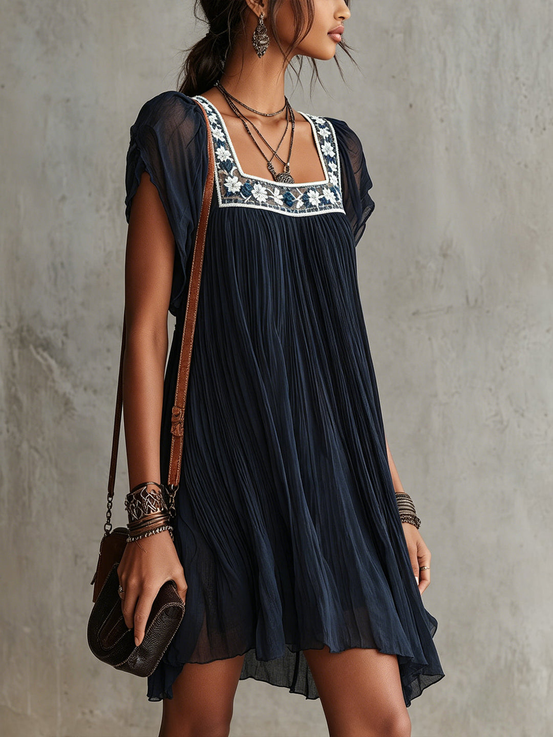 Apolline | Mini Pleated Dress in Embroidered Navy Blue Chiffon