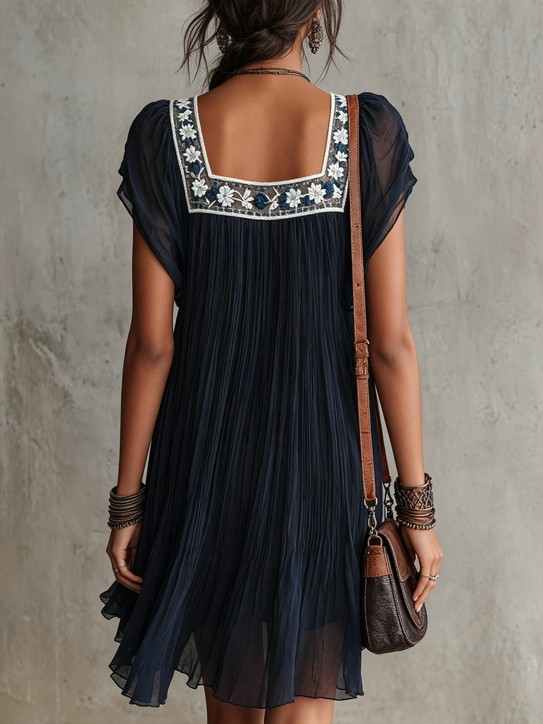 Apolline | Mini Pleated Dress in Embroidered Navy Blue Chiffon